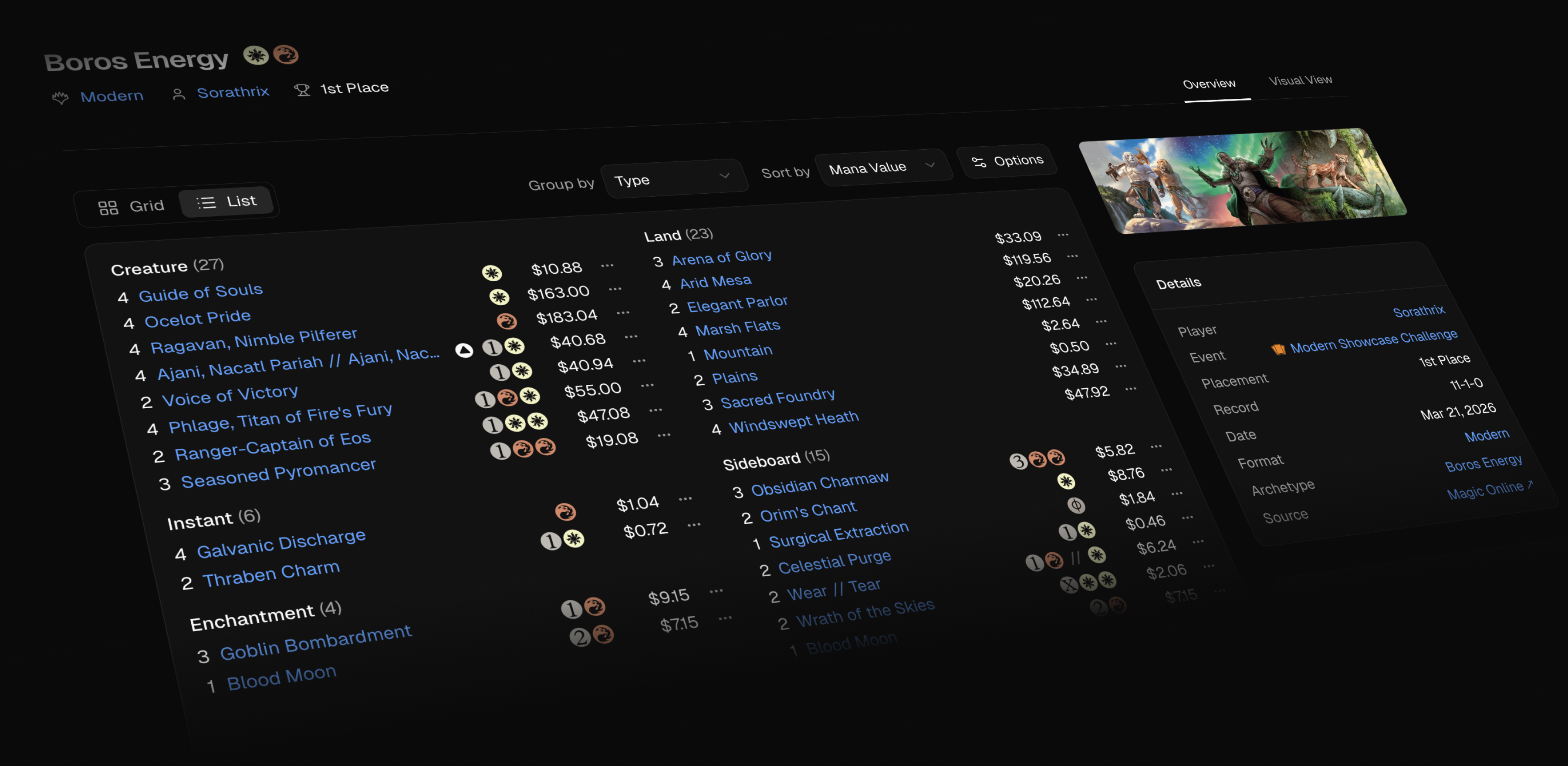 Spellbinder application interface showing tournament results, decklists, and card browsing