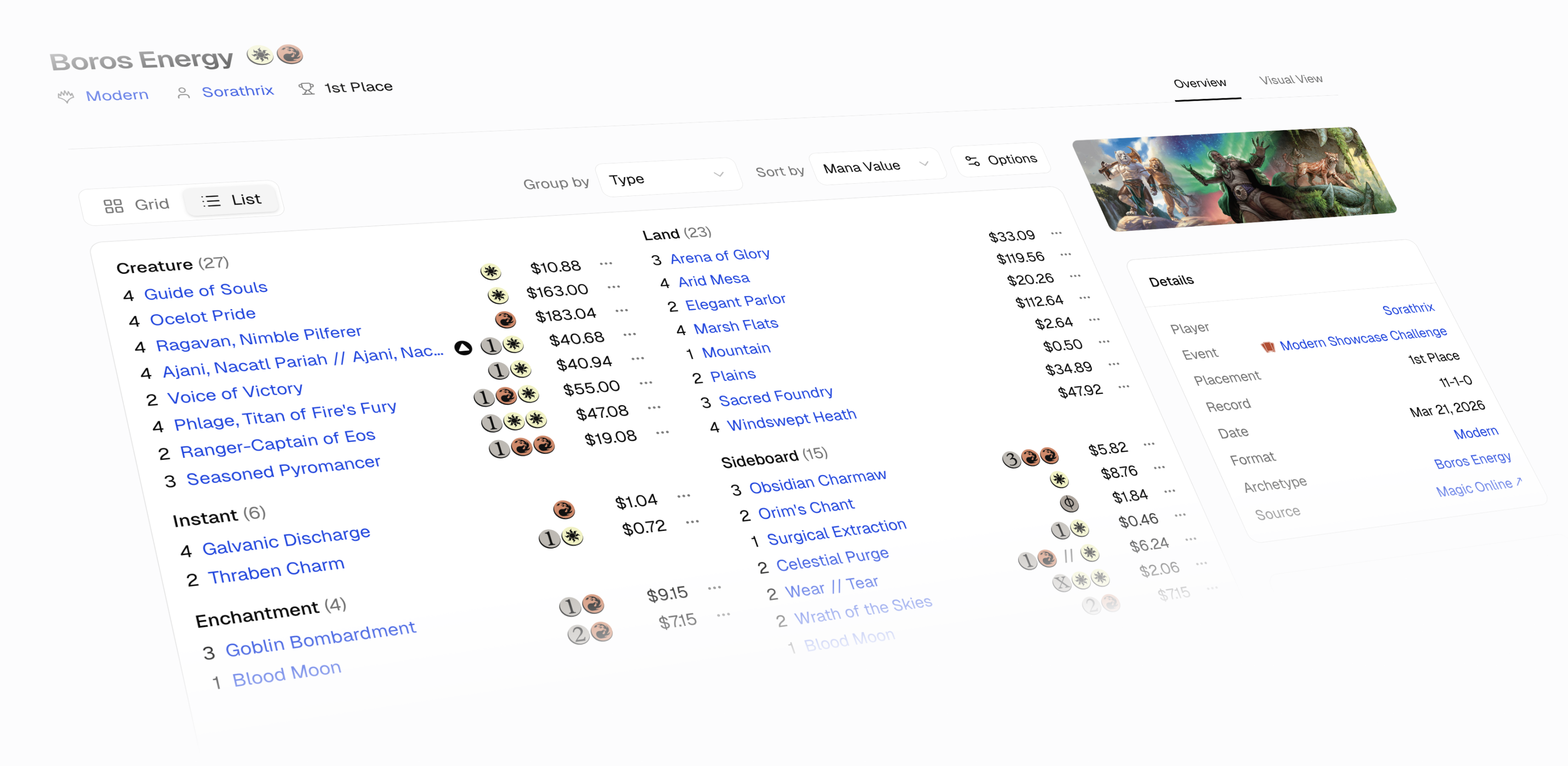 Spellbinder application interface showing tournament results, decklists, and card browsing